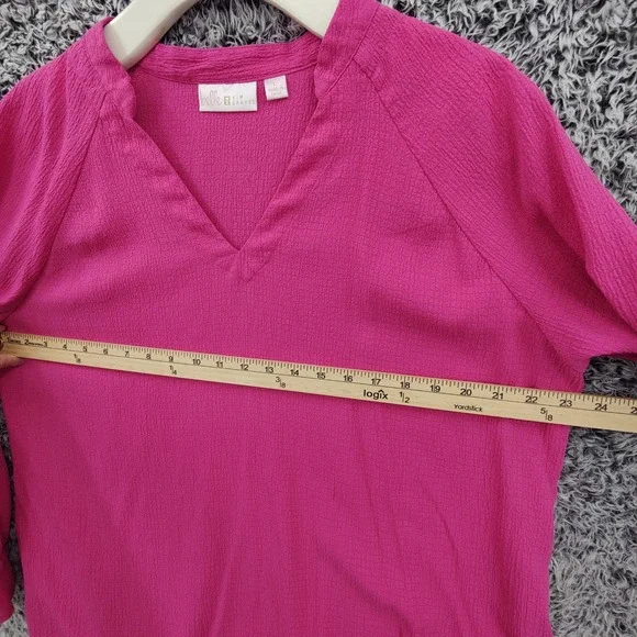 Belle Kim Gravel Womens Gauzy Preppy Lightweight Top L Hot Pink Textured VNeck - Picture 2 of 16